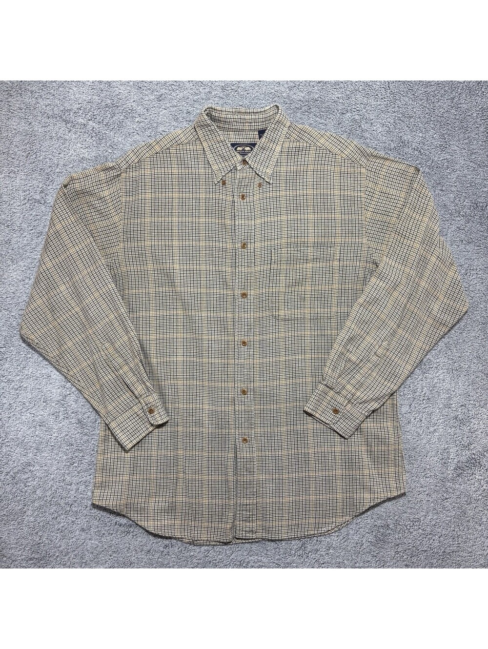 VTG British Khaki Lighton Mens LG Long Sleeve Heavy Cotton Buttons Plaid Striped